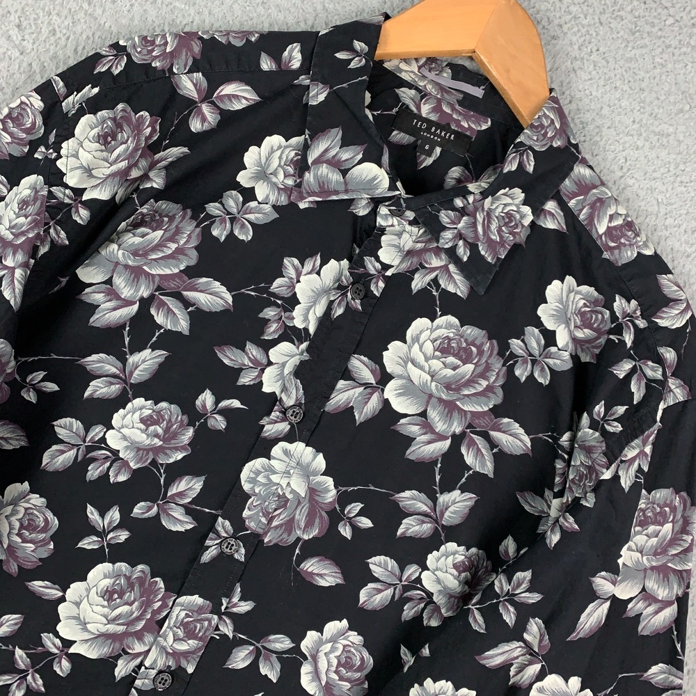 Ted Baker Ellis Shirt Men's 6/XXL Black Floral Print Slim Fit Long Sleeve Preppy